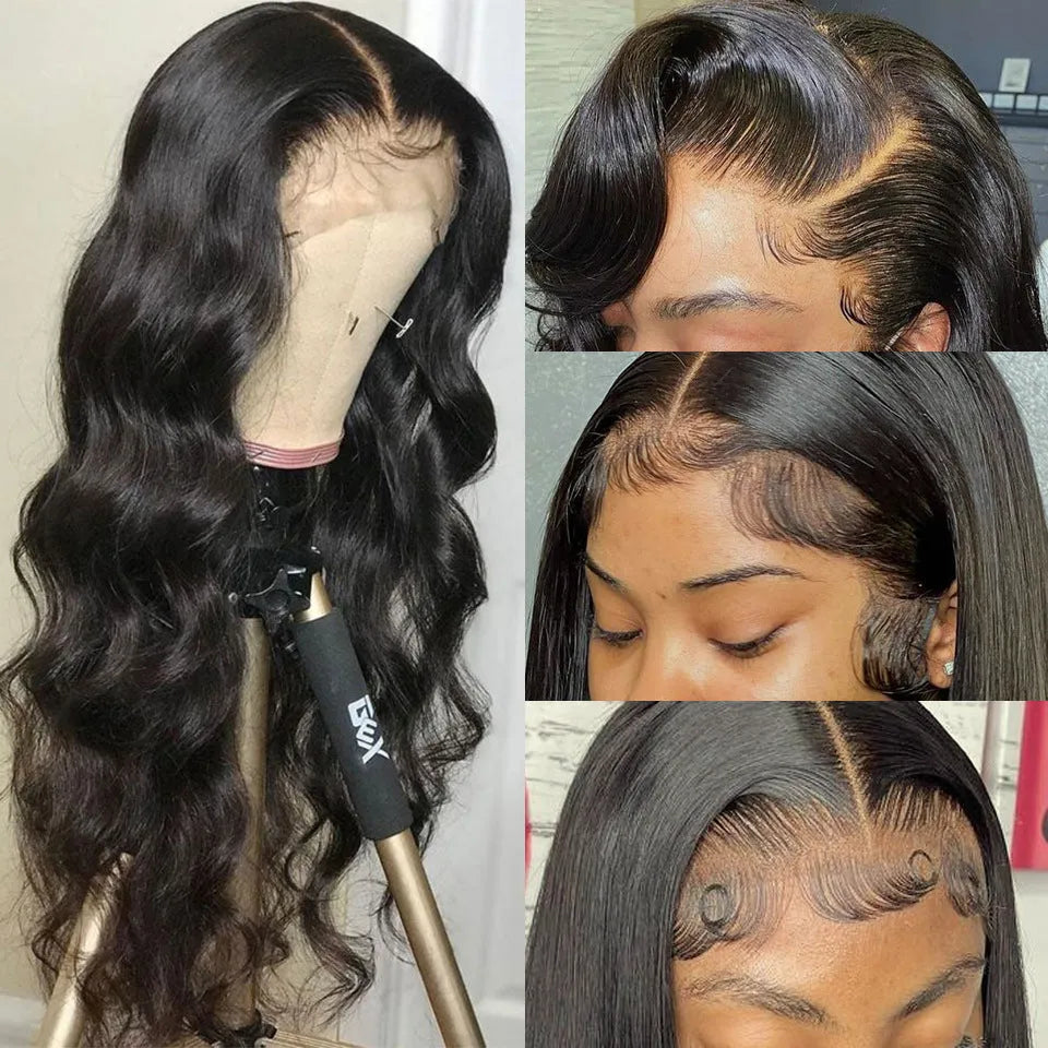 Black synthetic long curly wig with front lace and side bangs on a stand.