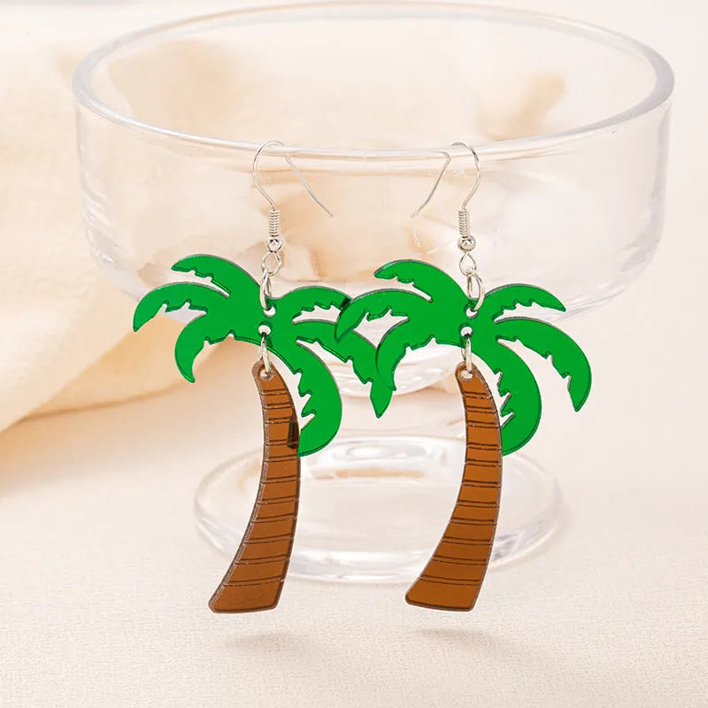 Close-up of acrylic drop earrings with a coconut artocarpus design on alloy hooks, showing one of five colour styles.