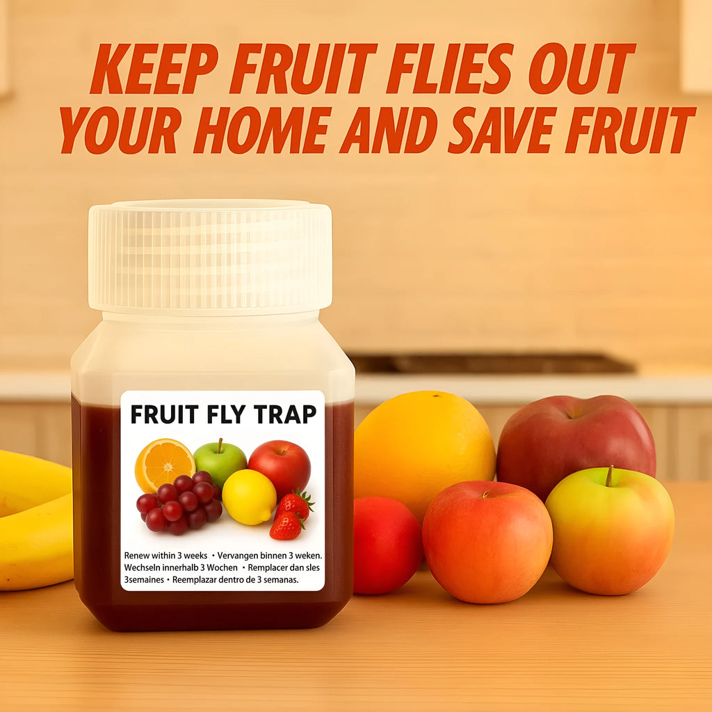 Bottle of fruit fly trapper bait liquid with optional funnel for kitchen pest control