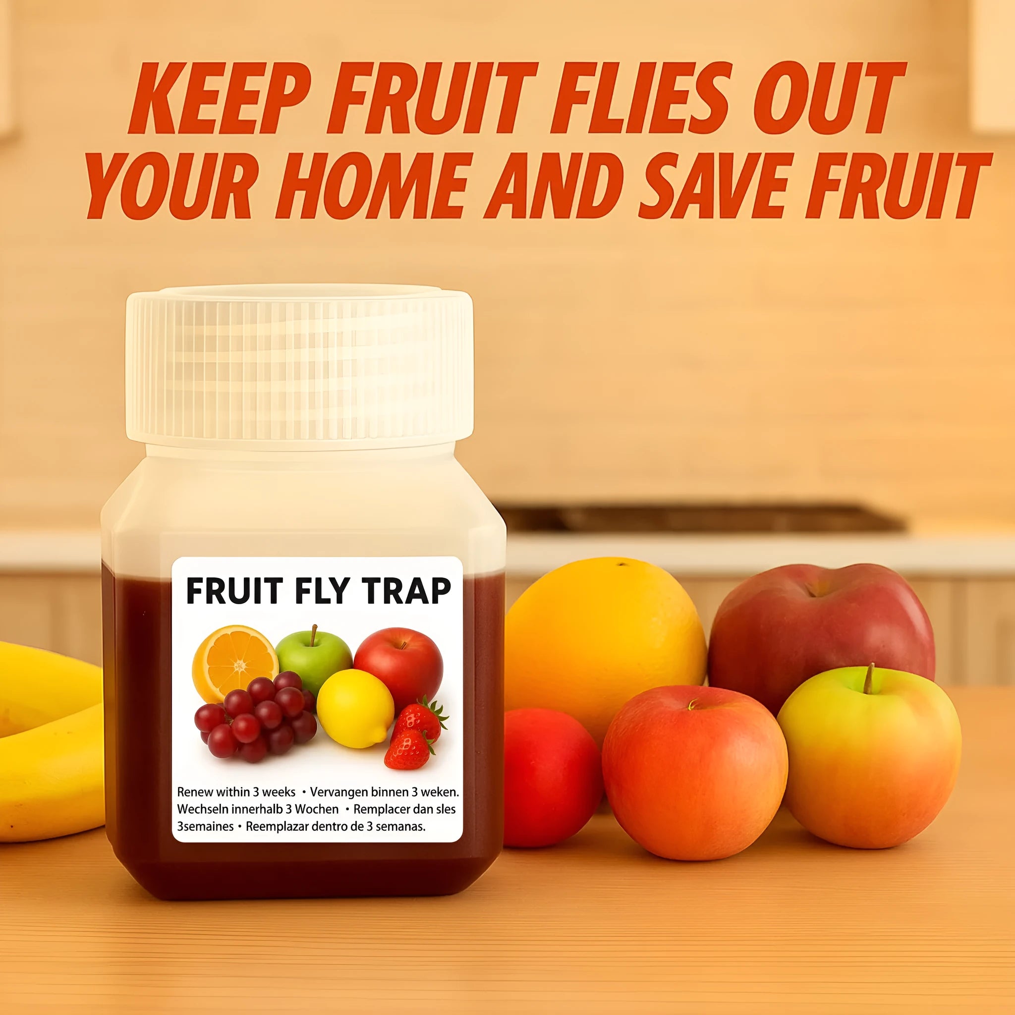 Bottle of fruit fly trapper bait liquid with optional funnel for kitchen pest control