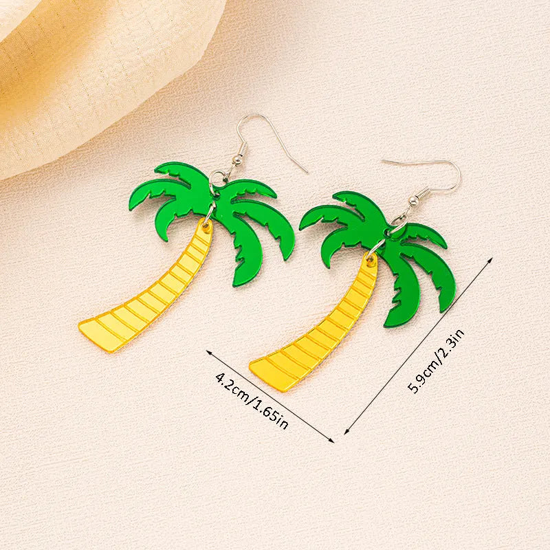 Close-up of acrylic drop earrings with a coconut artocarpus design on alloy hooks, showing one of five colour styles.