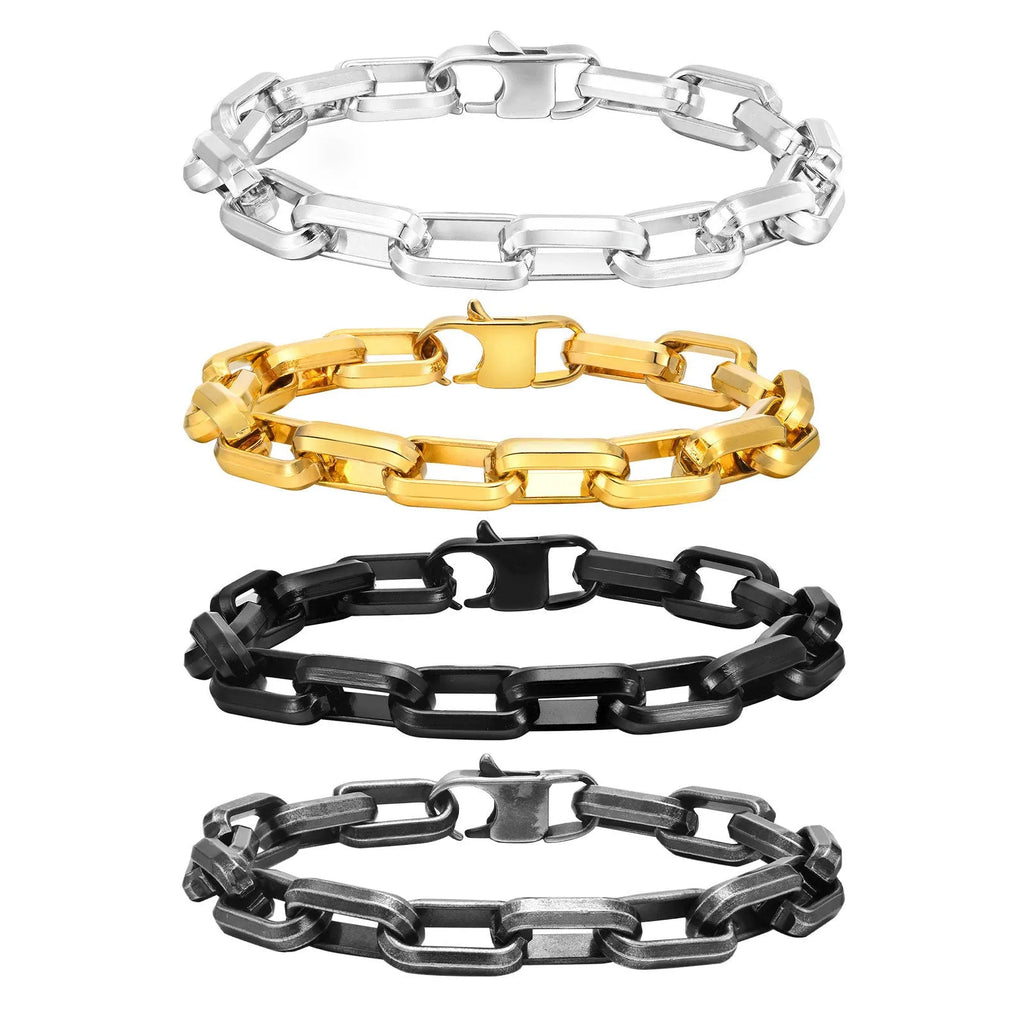 Men's stainless steel square chain bracelet in gold, black, steel, and retro colour finishes.