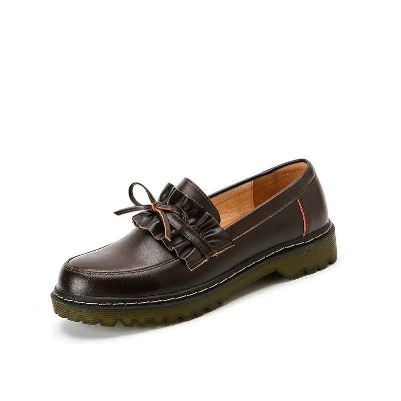 British style women's leather shoes with round toe, chunky heel, two-layer cowhide upper in black