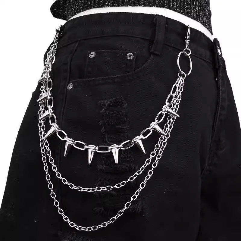 Silver metal pants chain with dark punk rivet ornaments measuring 115cm length for women's trousers