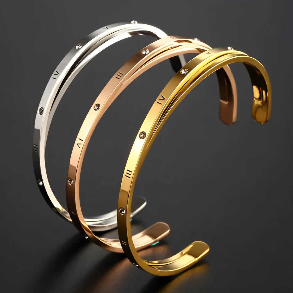 Open-ended women's bracelet with zircon stones in rose, steel, or gold electroplated finish