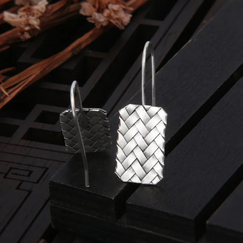 Women's 925 silver earrings with woven diamond plaid geometric pattern