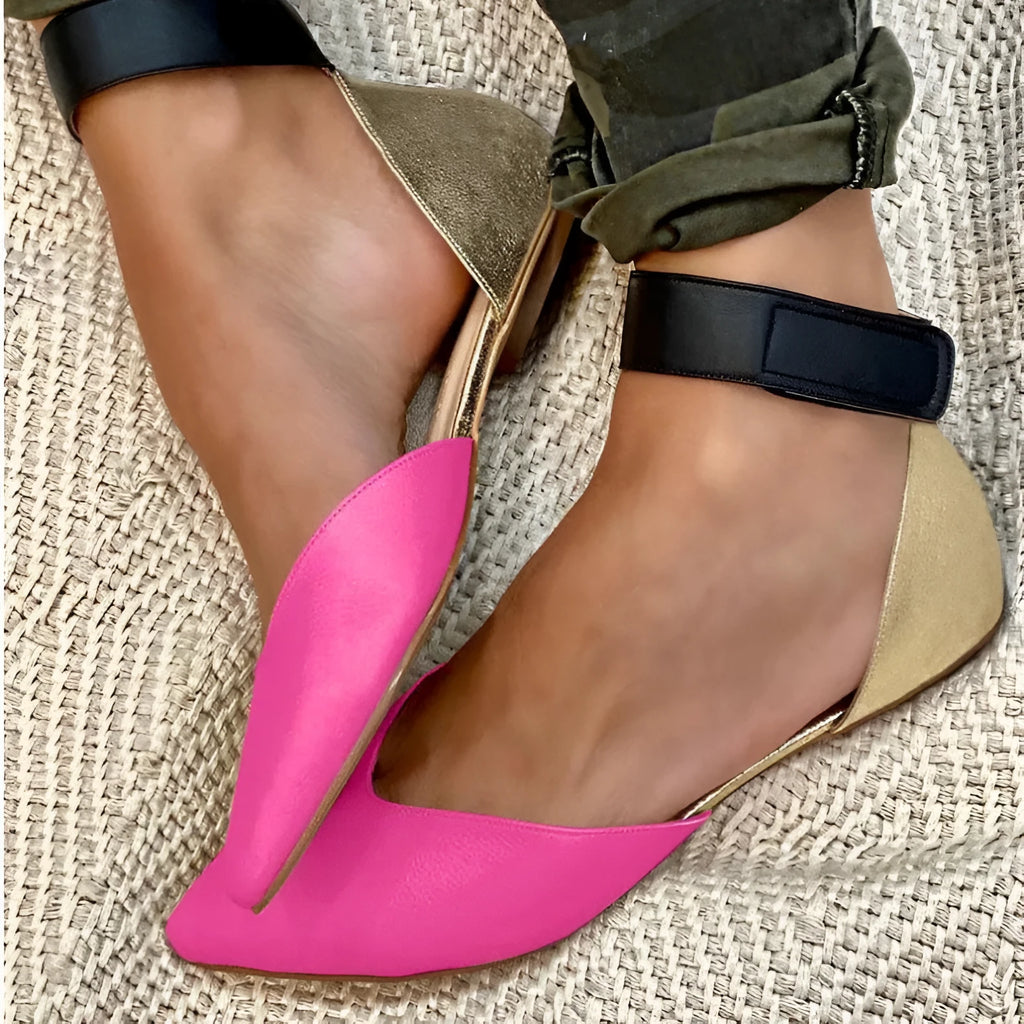Women's flat heel sandals with velcro straps and hollowed design in beige PU leather