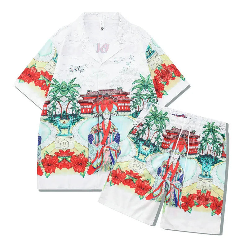 Plaid pattern beach outfit with short sleeve shirt and matching trousers in polyester fabric