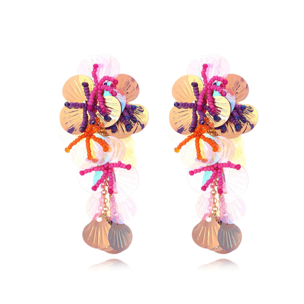 Handmade colourful bead flower earrings with leaf designs in exaggerated dopamine style