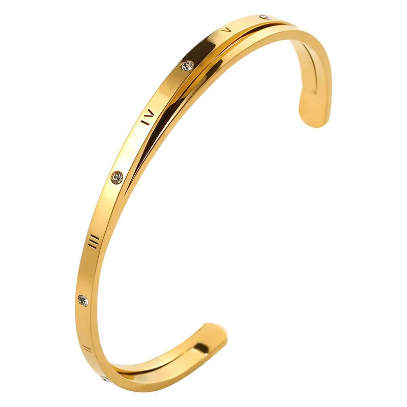 Open-ended women's bracelet with zircon stones in rose, steel, or gold electroplated finish