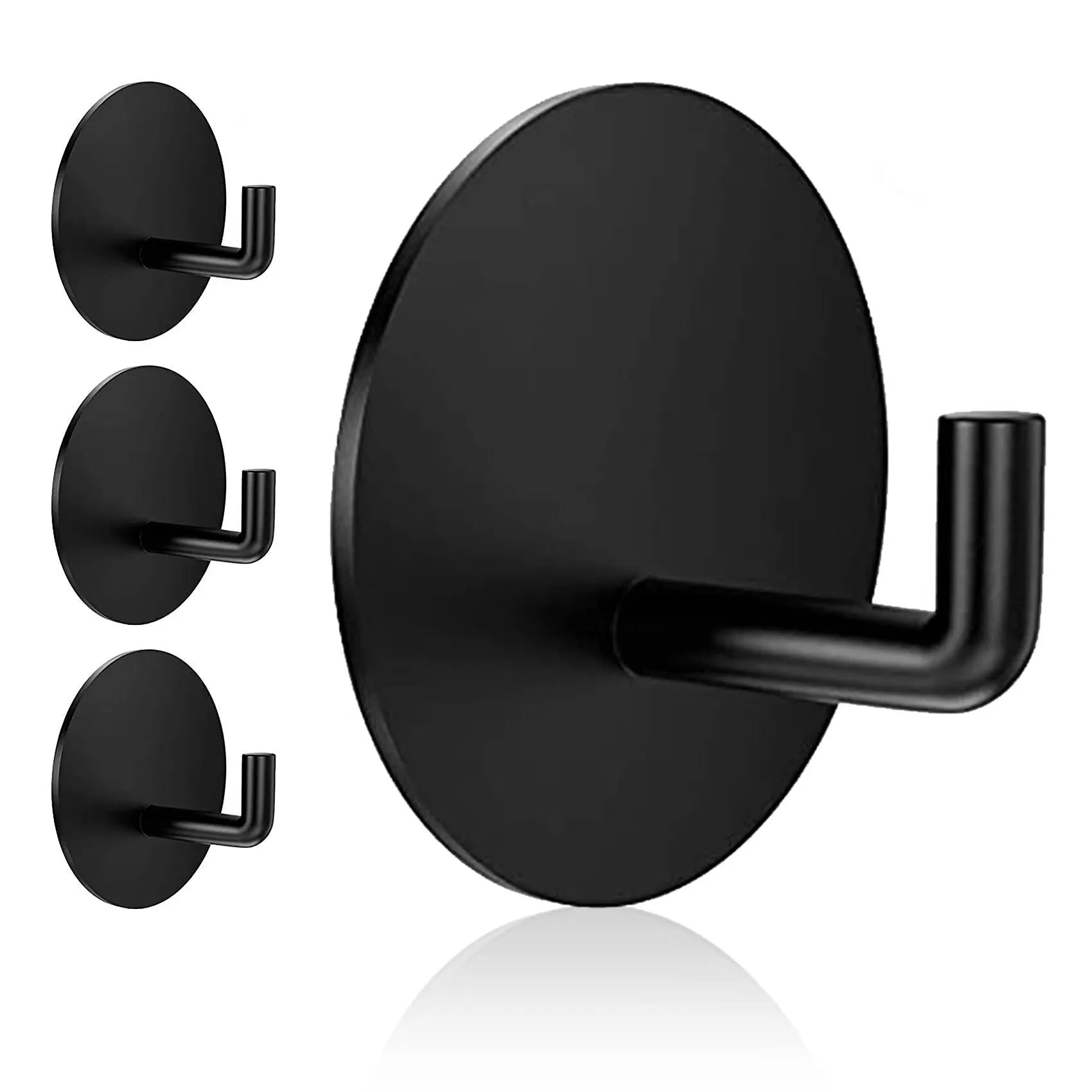Self-adhesive stainless steel round hook in black and polished finishes for wall mounting.