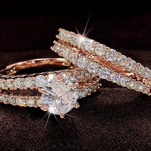 2 in 1 fully jewelled female ring set in geometric shape with diamond treatment, available in silver, gold, or rose gold.