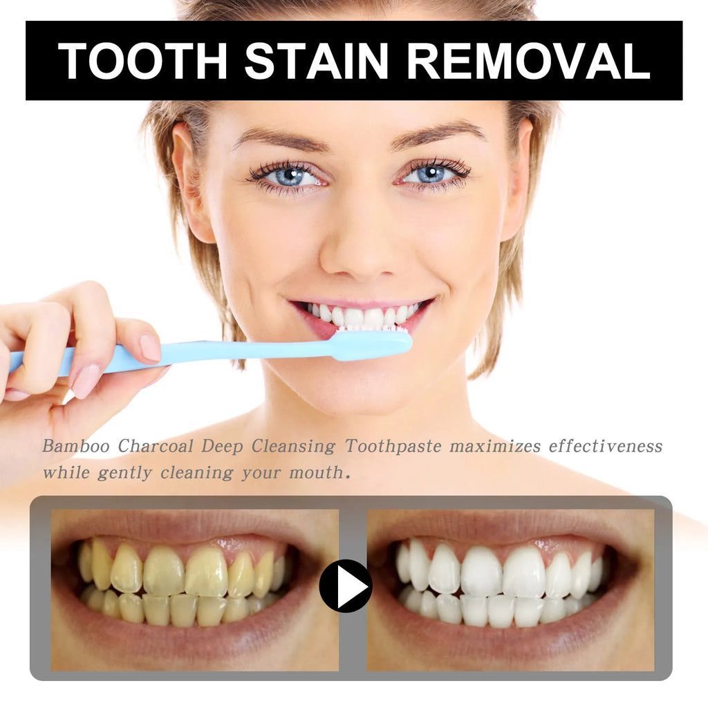 30ml tube of bamboo charcoal bright white stain removing toothpaste on a white background