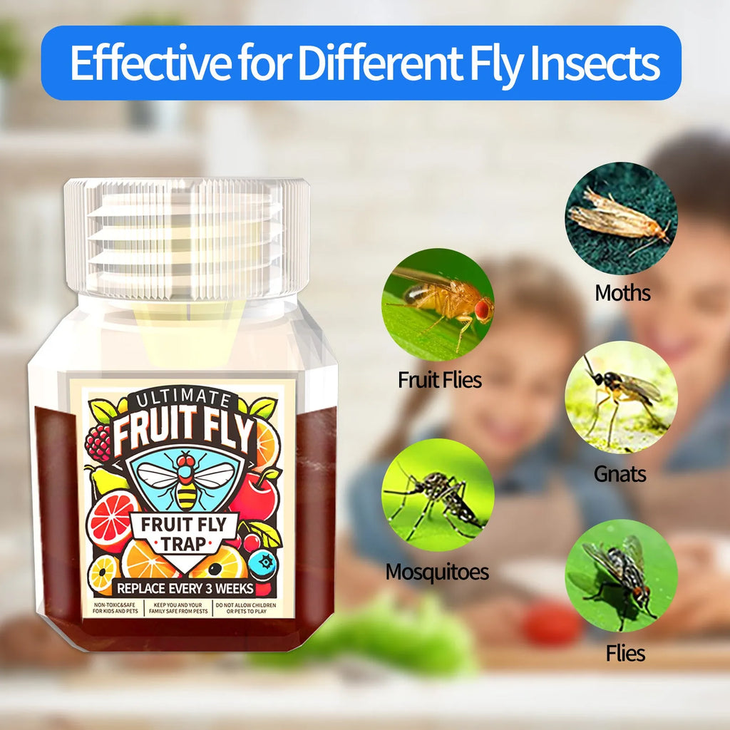 Bottle of fruit fly trapper bait liquid with optional funnel for kitchen pest control