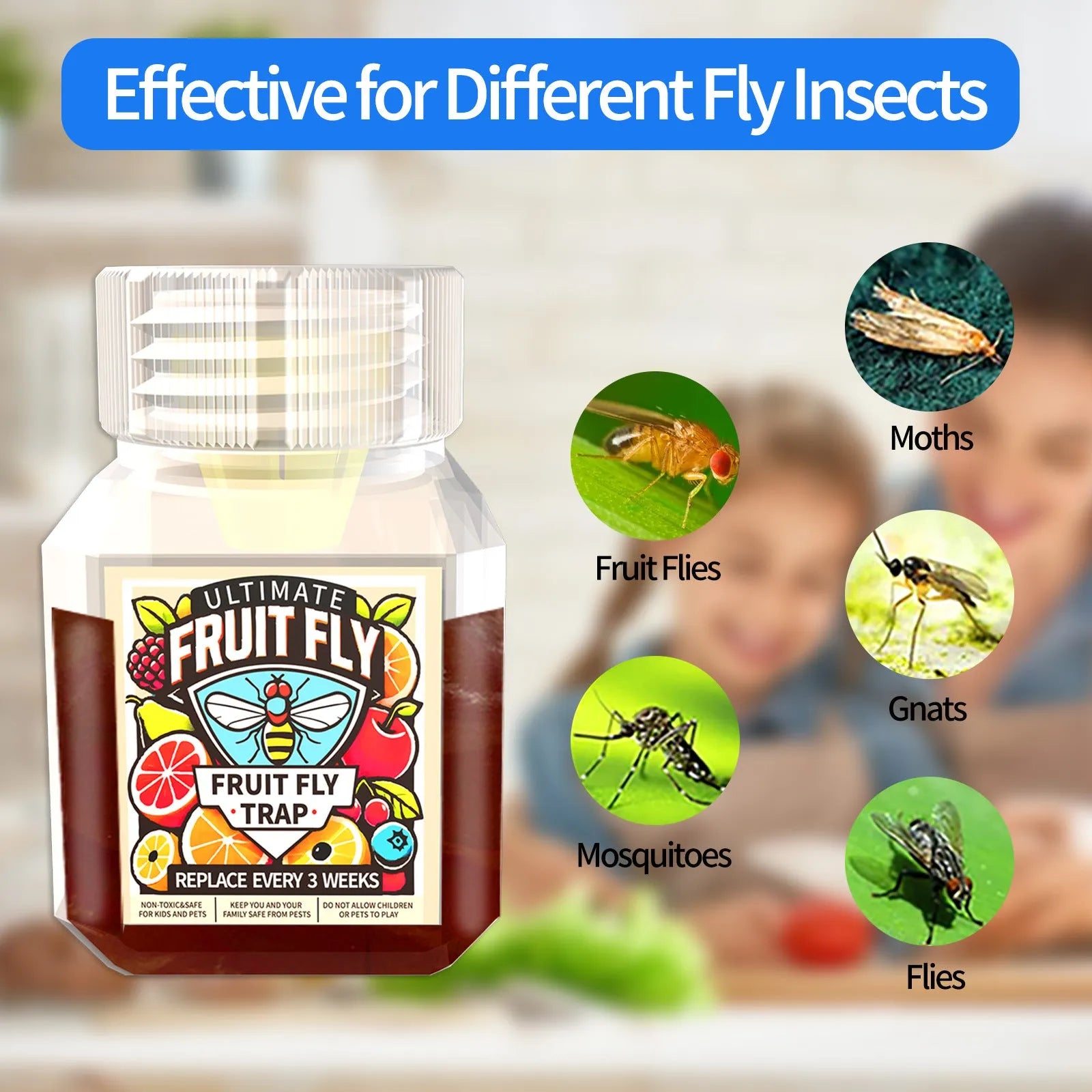 Bottle of fruit fly trapper bait liquid with optional funnel for kitchen pest control
