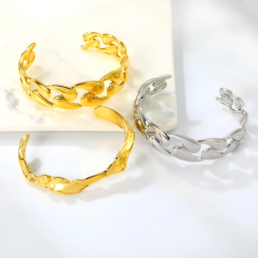 Adjustable stainless steel and alloy bracelet shown in gold-tone, silver-tone, and rose gold-tone colour options.