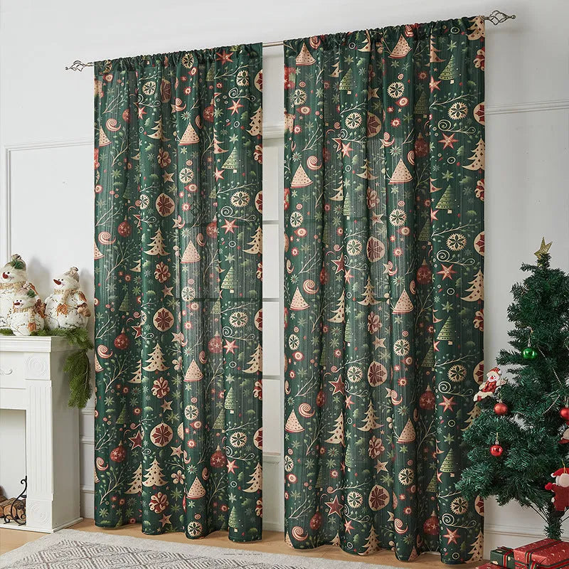 Rectangular printed polyester curtain with Christmas pattern offering semi-sunshade.