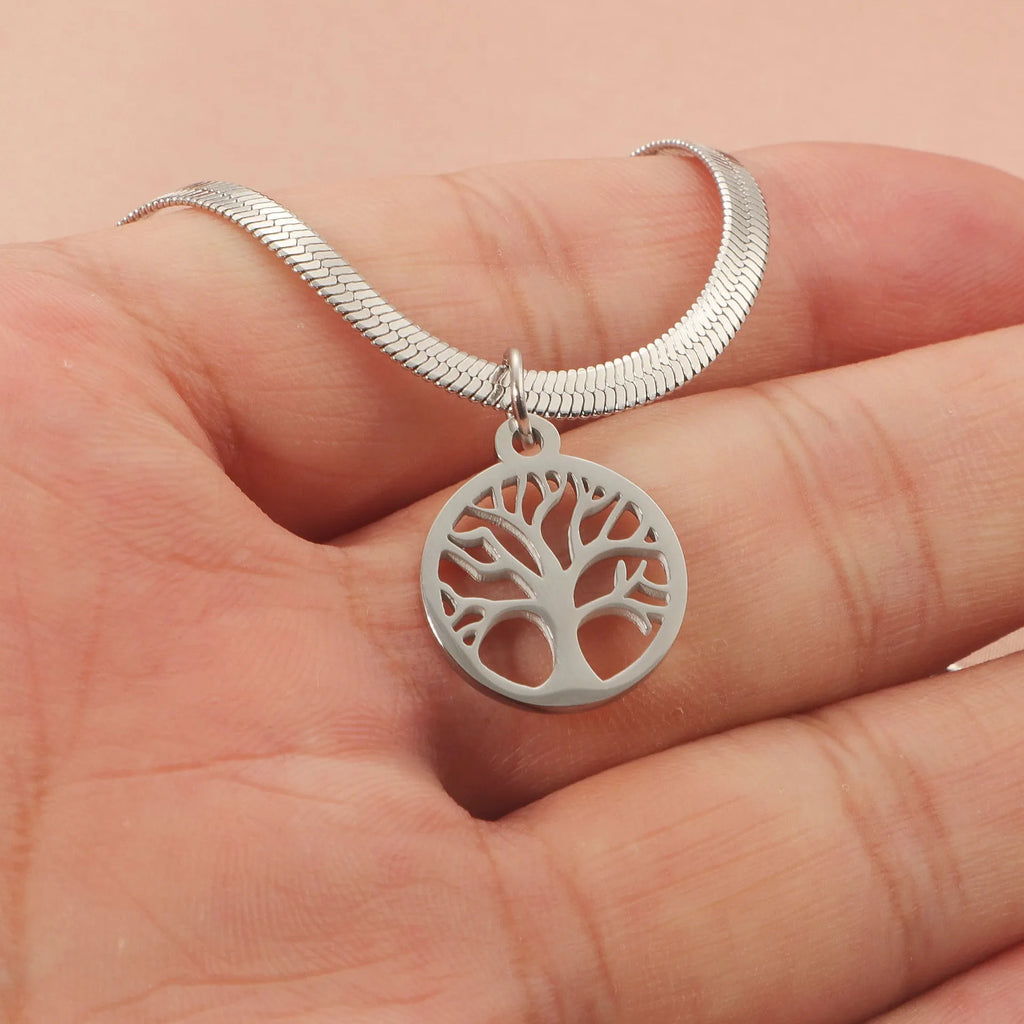 Stainless steel lucky tree necklace on a snake bone chain, showing gold and steel colour options.