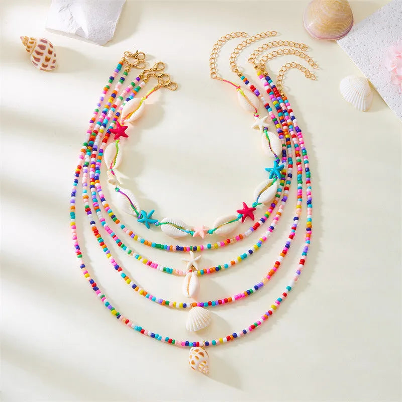 Women's blue and multi-colour starfish shell necklace 5-piece set with adjustable chain