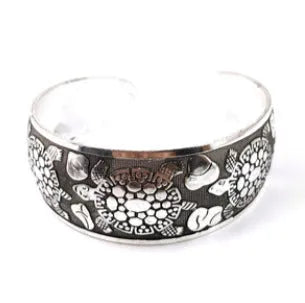 Ethnic style carved open Miao silver bracelet with Roman design on alloy material