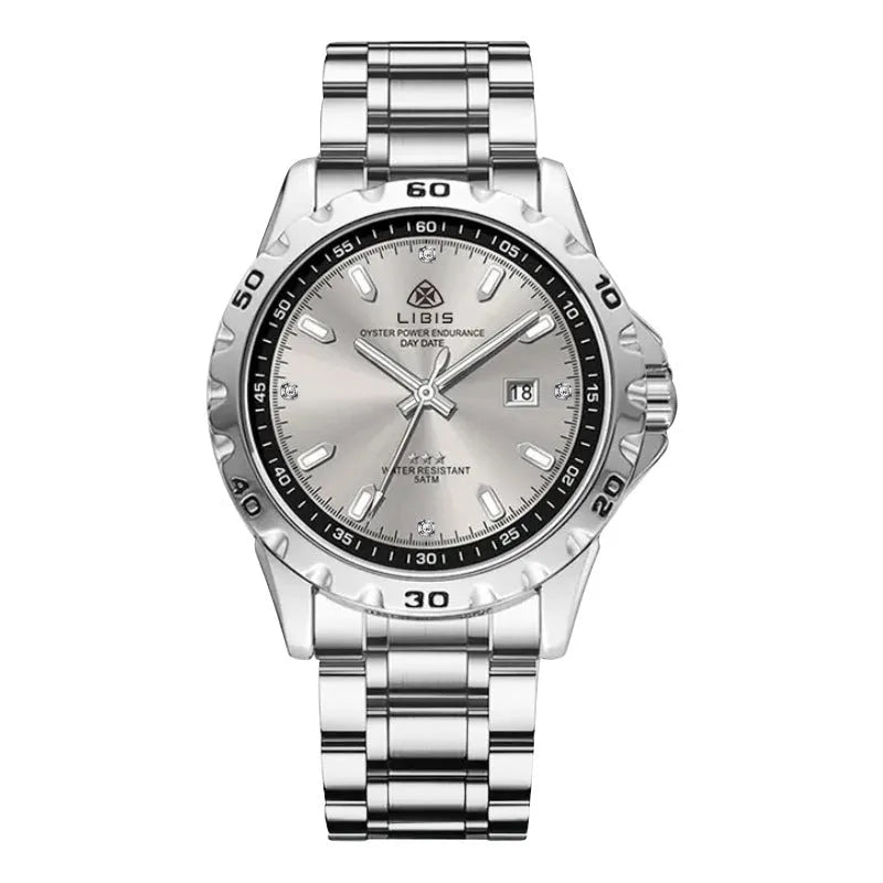 Silver case men's quartz watch with luminous hands and stainless steel bracelet on wrist