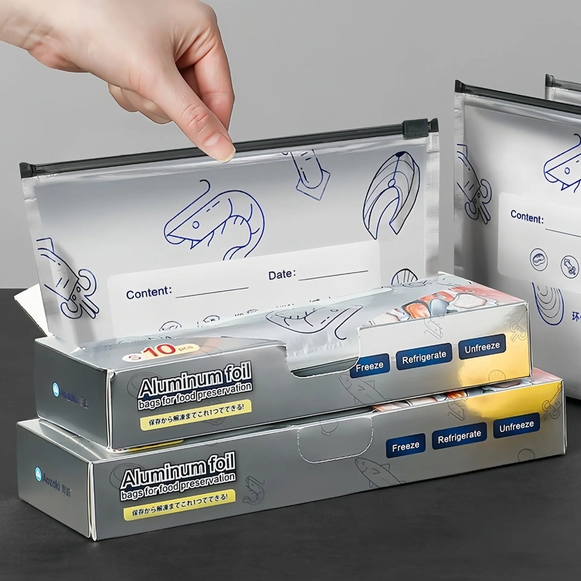 Aluminium foil sealed food storage bag in three sizes with heat resistance from -60 to 100 degrees Celsius