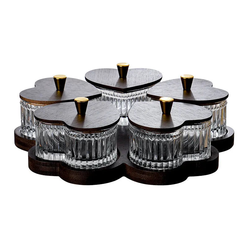 Glass snack serving platter with coloured glaze and heart-shaped transparent bowls in a 4-grid configuration.
