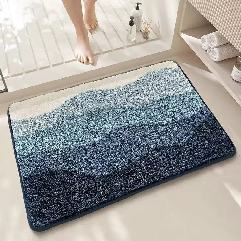Imitation cashmere carpet floor mat with rainbow pattern and plastic bottom in sky sea colour