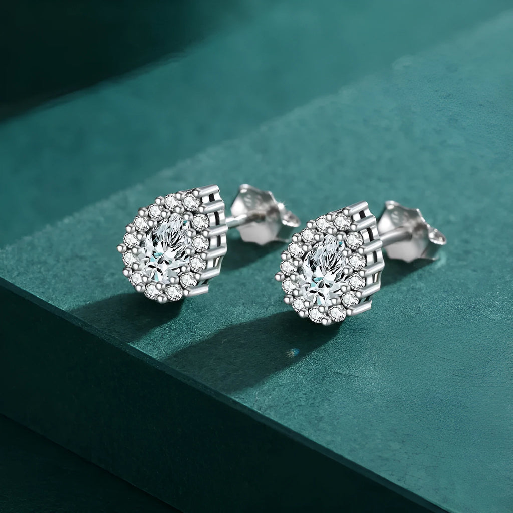 Women's 925 sterling silver drop ear studs with water drop shape and diamond treatment