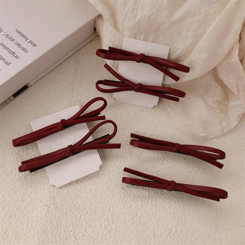 Wine red leather bow barrette hair clip for women with manual processing