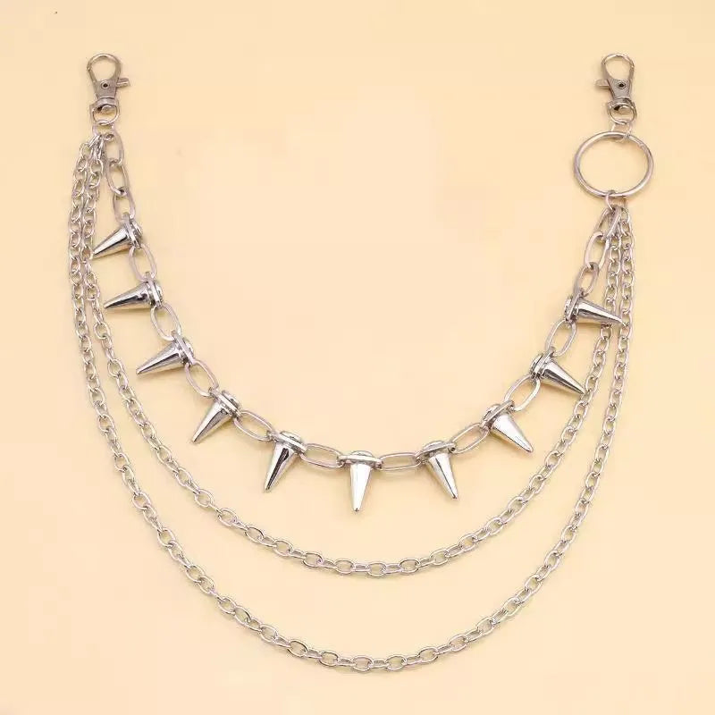 Silver metal pants chain with dark punk rivet ornaments measuring 115cm length for women's trousers