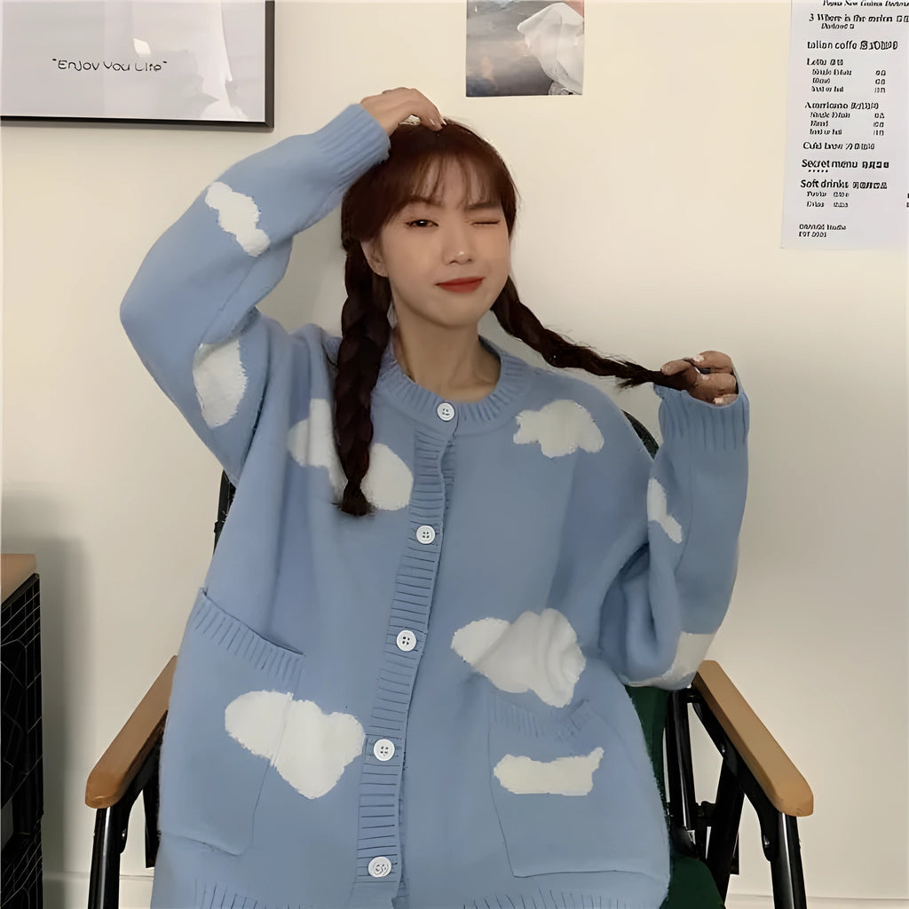 Blue cloud pattern loose spandex cardigan for women, shown as a pullover with long sleeves.