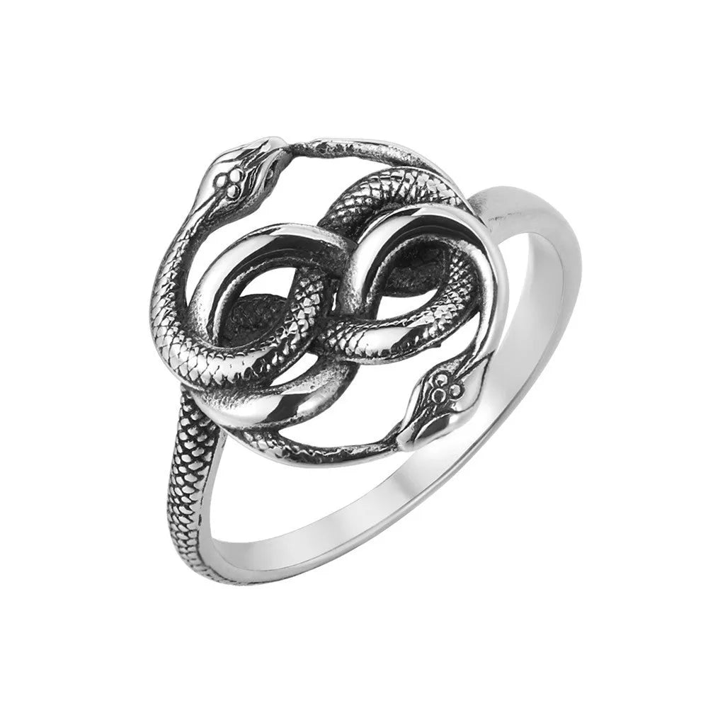 Retro double snake ring in steel colour made from titanium steel available in sizes 6 to 13