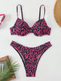 Women's leopard print bikini set with backless design in brown and red colour options.