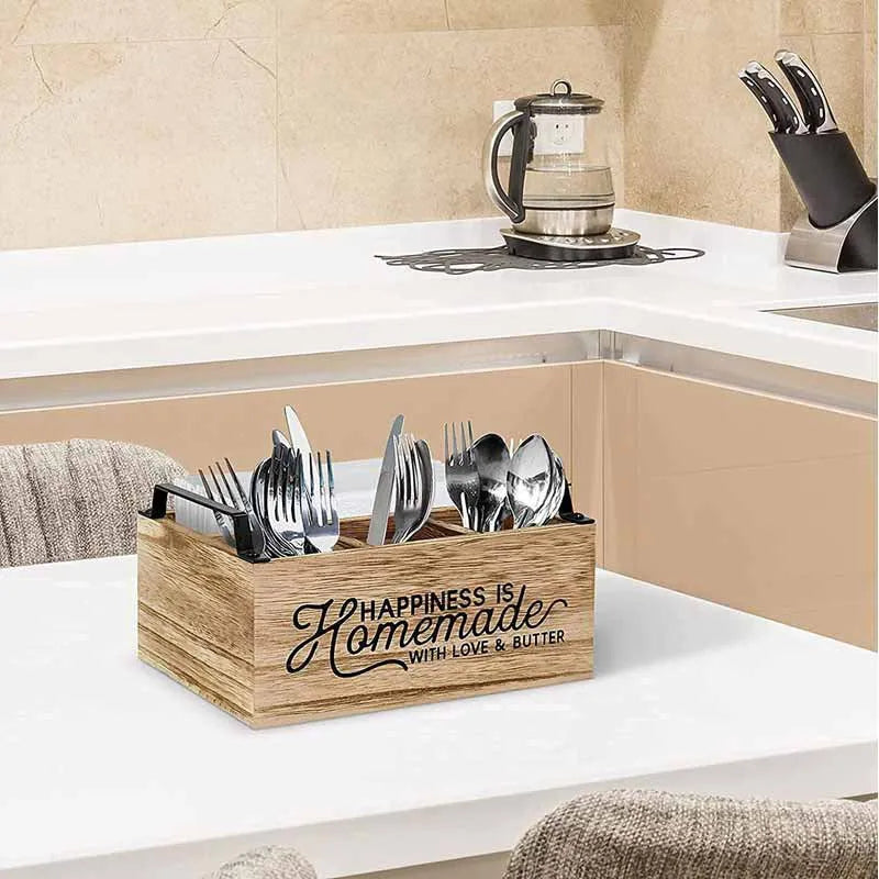 Large modern wooden kitchen storage box with internal grid for organising cutlery and utensils.