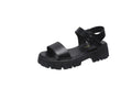 Beige women's peep toe platform sandals with an ankle-strap buckle and fish mouth toe design.