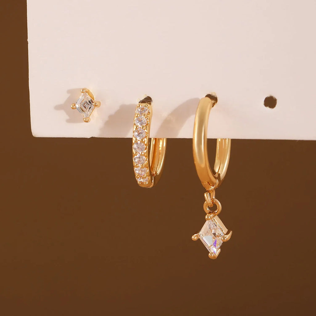 Copper ladies earring set with zircon inlay geometric diamond design in gold and silver colours