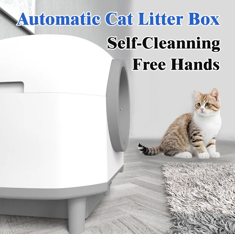 White automatic cat litter box with enclosed design for indoor use