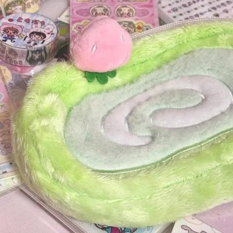 Swiss roll cake design pencil case with plush velvet exterior in Korean style stationery storage