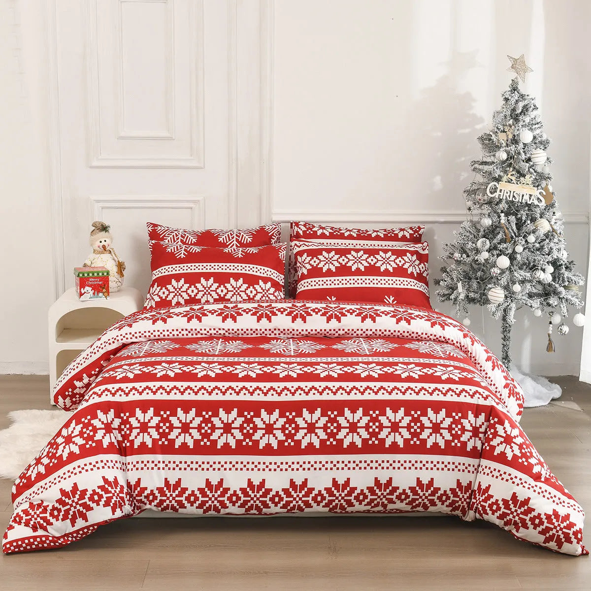 Winter Sleepers red Christmas Love Song pattern bedding three-piece set on a bed