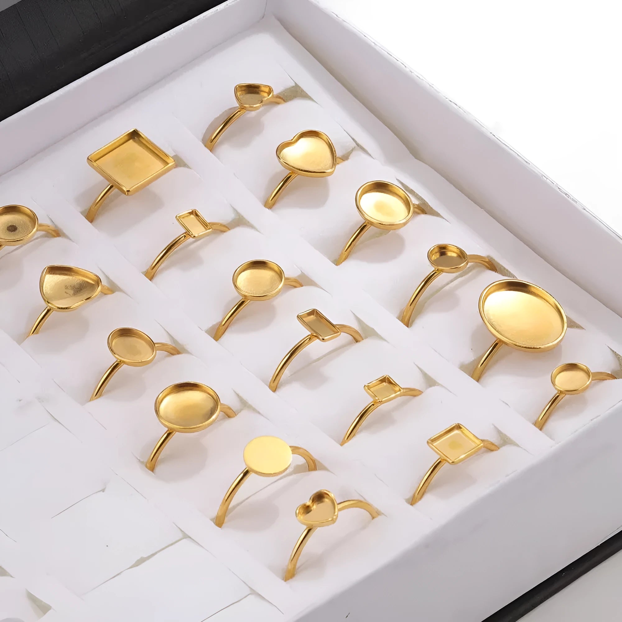Golden electroplated stainless steel ring setting with multiple shape options for DIY jewellery making