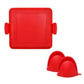 Red silicone baking tray with matching silicone gloves for oven safety