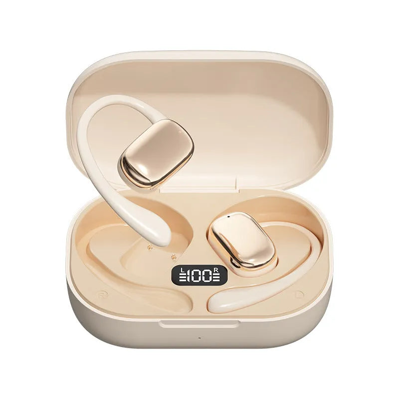 Creative design ear-mounted headphones with digital display in skin colour, black, or white options