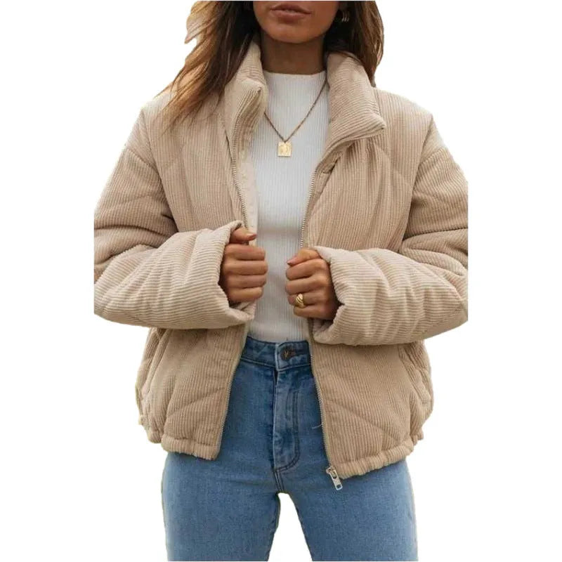 Apricot corduroy women's jacket with stand collar, long sleeves and front zipper