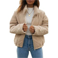Apricot corduroy women's jacket with stand collar, long sleeves and front zipper