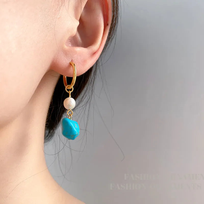 Geometric turquoise and cultured pearl clip earrings for women in long and short styles