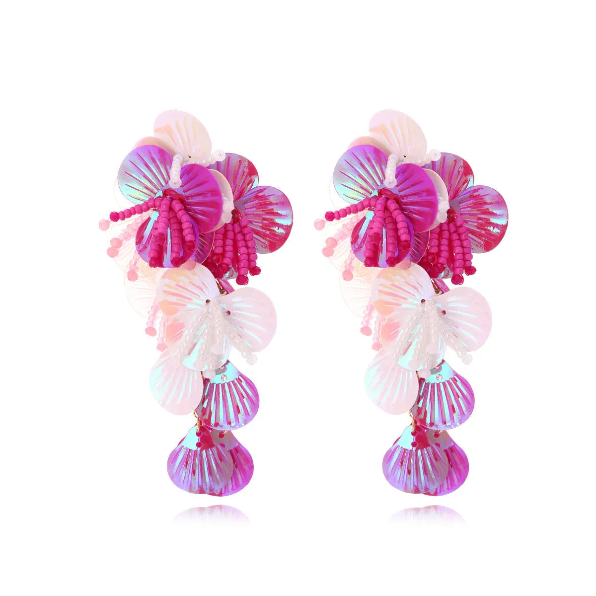 Handmade colourful bead flower earrings with leaf designs in exaggerated dopamine style