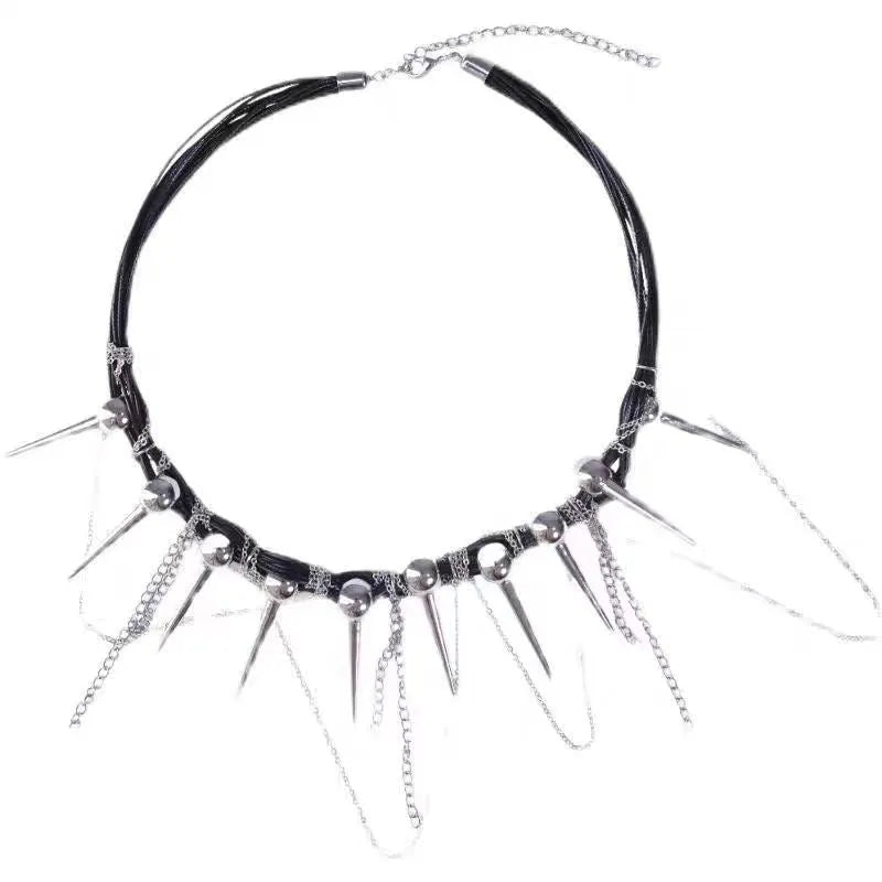 Women's leather tassel necklace with winding beads and silver rivet details in picture colour.
