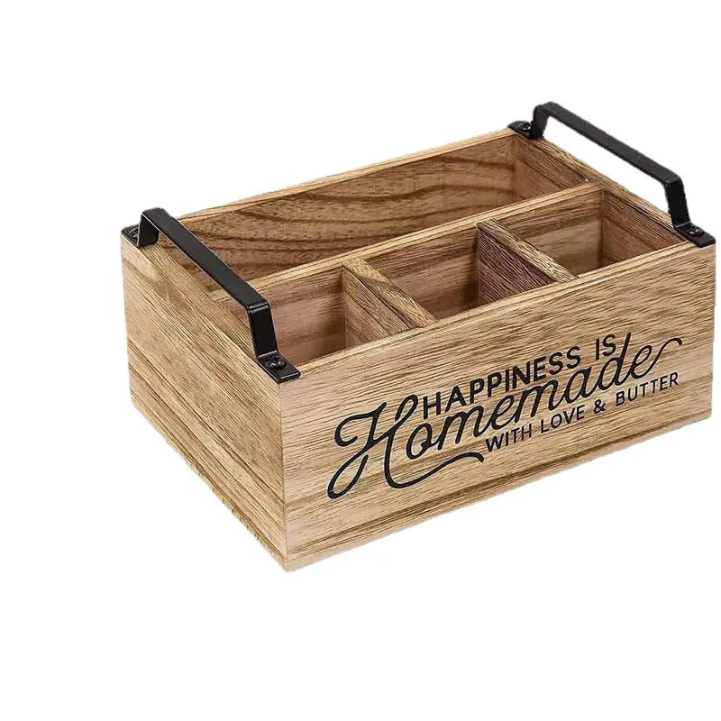 Large modern wooden kitchen storage box with internal grid for organising cutlery and utensils.