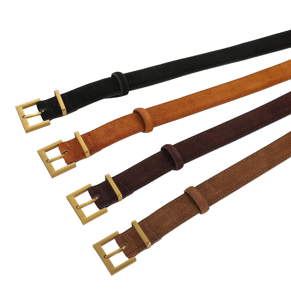 Ladies' genuine leather pin buckle belt in black, shown with a quadrilateral alloy buckle.